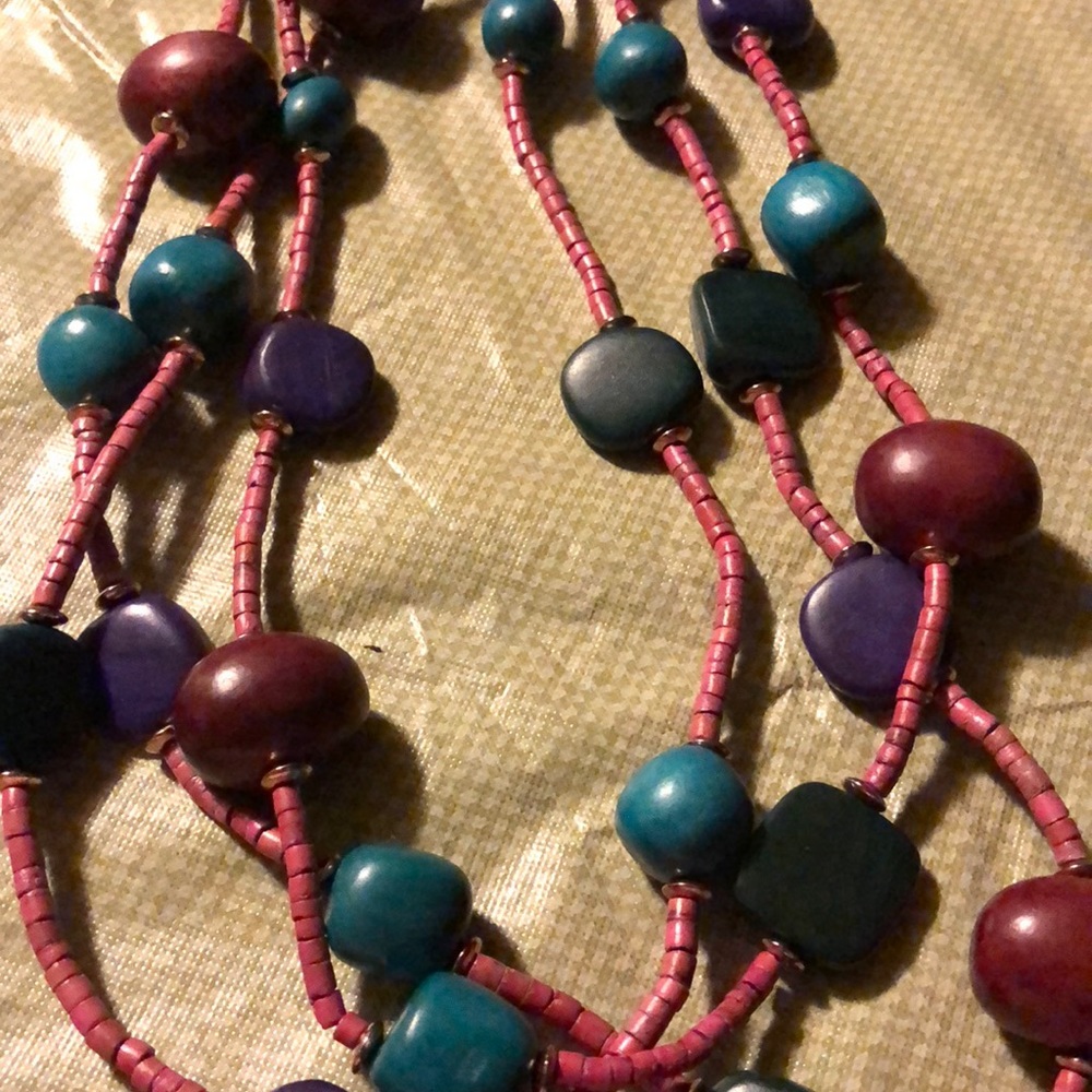 Multi color wooden bead 3 strand necklace long